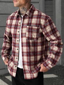 Manfinity Roughcore Men's Loose-Fit Burgundy Plaid Long-Sleeve Shirt Jacket With Single Pocket – American Retro Collegiate Style, Casual Streetwear, Holiday Edition - Burgundy - View 5
