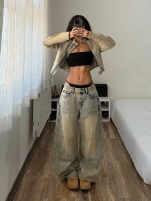 StreetHx Fashion Casual Street Style Retro Denim Wide Leg Pants - Dark Wash - View 7