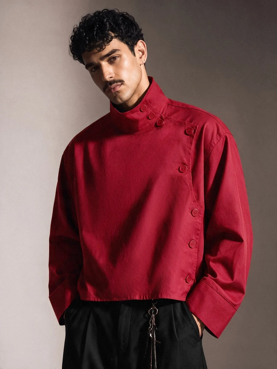 FeverCity Men's Fashion Button Long Sleeve Jacket For Daily Wear - Burgundy - View 1