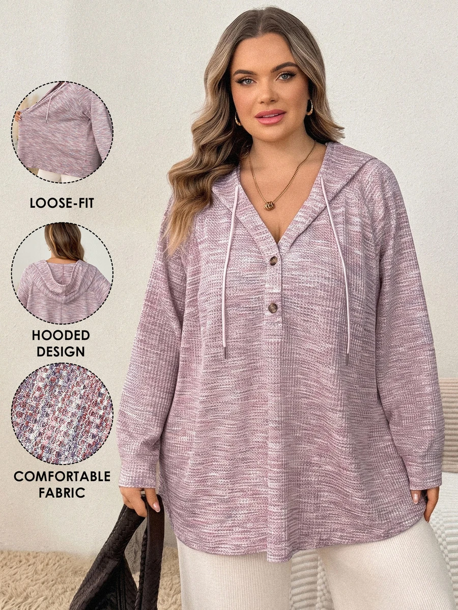 SHEIN CURVE+ Plus Size Women's Hooded Drawstring Button Waffle Knit Loose Casual Elegant Sweatshirt Autumn/Winter Fall Party Birthday Formal Dusty Pink