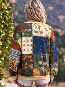 INAWLY Women's Plus Size Vintage Patchwork Floral Print Crewneck Sweatshirt, Plus Size Long Sleeve Casual Pullover Top - Multicolor - View 2