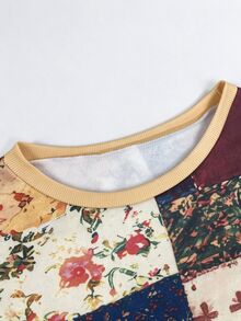 INAWLY Women's Plus Size Vintage Patchwork Floral Print Crewneck Sweatshirt, Plus Size Long Sleeve Casual Pullover Top - Multicolor - View 3