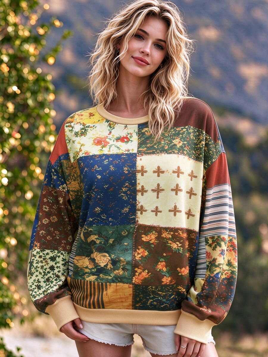 INAWLY Women's Plus Size Vintage Patchwork Floral Print Crewneck Sweatshirt, Plus Size Long Sleeve Casual Pullover Top - Multicolor - View 1