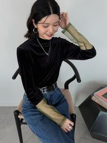 FRIFUL Women's Fashion Mesh Patchwork Velvet T-Shirt - Black - View 2