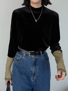FRIFUL Women's Fashion Mesh Patchwork Velvet T-Shirt - Black - View 1