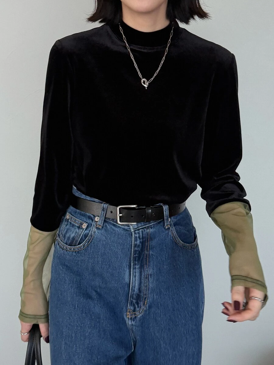 FRIFUL Women's Fashion Mesh Patchwork Velvet T-Shirt - Black - View 1