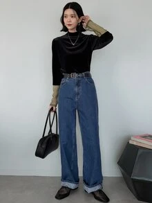 FRIFUL Women's Fashion Mesh Patchwork Velvet T-Shirt - Black - View 7