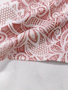SHEIN Franclia 女款休閒套裝，蕾絲圖案荷葉邊肩結背心上衣配短褲 - 珊瑚粉 - 查看 4