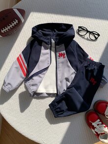 SHEIN 2件組男嬰秋冬運動可愛街頭風休閒拼色連帽衛衣與長褲套裝 - 彩色 - 查看 4