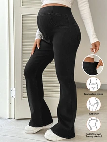 SHEIN Maternity Simple Pocket Flared Jeans For Daily Wear Cowgirl Outfits For Women Winter Clothes - Black - View 10