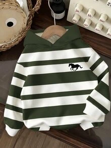 Young Boy Hooded Striped Kids Colorblock Long Sleeve Autumn Winter Sweatshirt - White - View 2