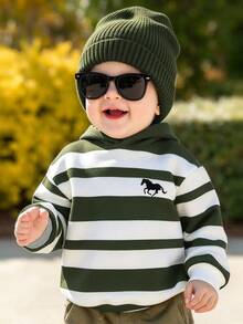 Young Boy Hooded Striped Kids Colorblock Long Sleeve Autumn Winter Sweatshirt - White - View 1