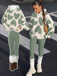 Tween Girls Hooded Drop Kids Shoulder Sweatshirt & Fitted Leggings 2 Pieces Set, Thermal Lined Cartoon Pattern, Suitable For Autumn/Winter - Multicolor - View 1
