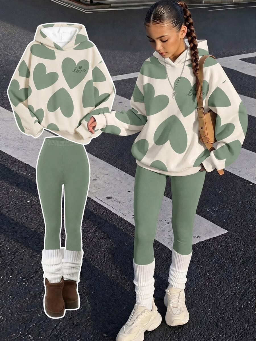 Tween Girls Hooded Drop Kids Shoulder Sweatshirt & Fitted Leggings 2 Pieces Set, Thermal Lined Cartoon Pattern, Suitable For Autumn/Winter - Multicolor - View 1