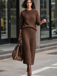 Breezaya Vintage Commuter Style Cable Knit 2 Pieces Set, Autumn/Winter Gentle Intellectual Style Round Neck Raglan Sleeve Top + High Waist Diamond Pattern Slit Long Skirt Set, Versatile Commuter & Date Outfit For Women - Chocolate Brown - View 1