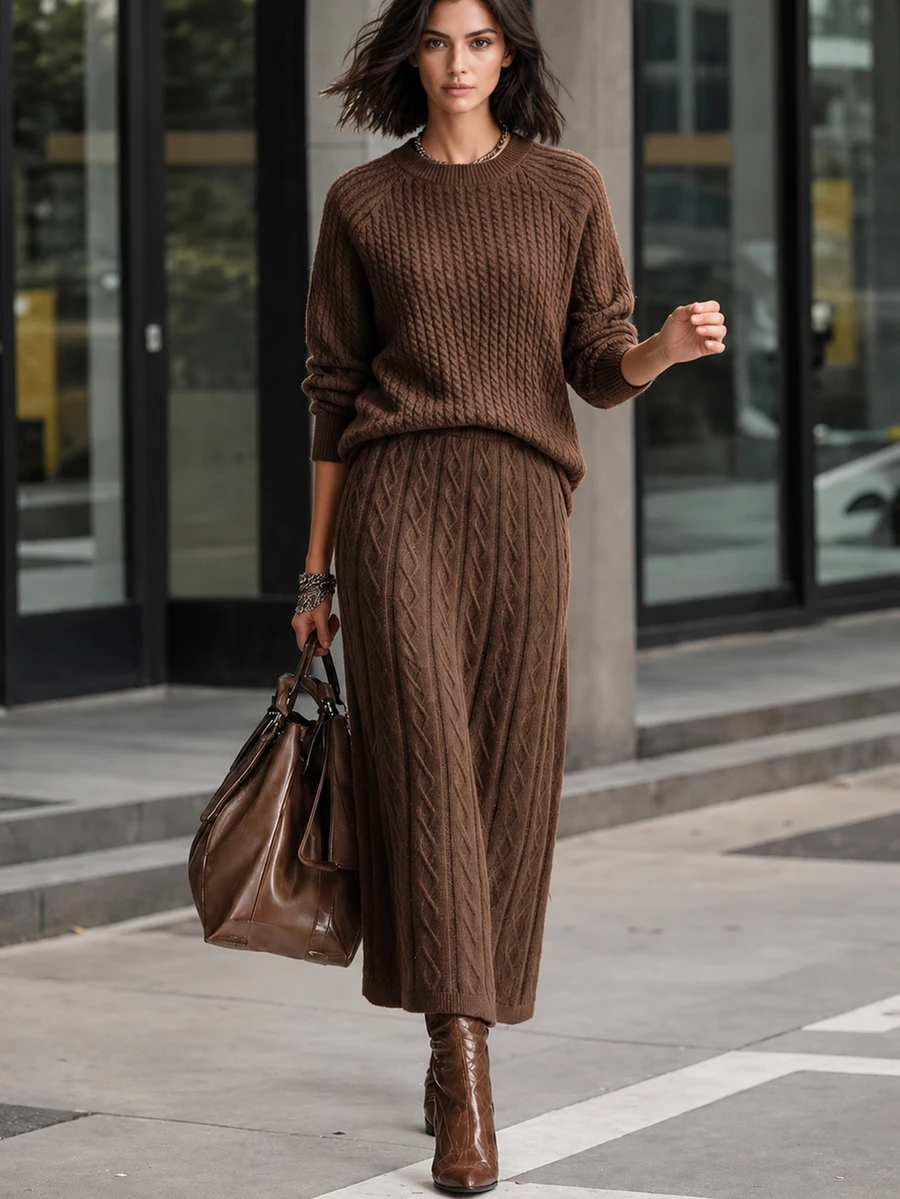 Breezaya Vintage Commuter Style Cable Knit 2 Pieces Set, Autumn/Winter Gentle Intellectual Style Round Neck Raglan Sleeve Top + High Waist Diamond Pattern Slit Long Skirt Set, Versatile Commuter & Date Outfit For Women - Chocolate Brown - View 1