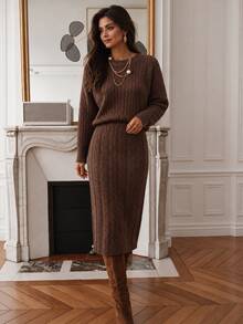 Breezaya Vintage Commuter Style Cable Knit 2 Pieces Set, Autumn/Winter Gentle Intellectual Style Round Neck Raglan Sleeve Top + High Waist Diamond Pattern Slit Long Skirt Set, Versatile Commuter & Date Outfit For Women - Chocolate Brown - View 5