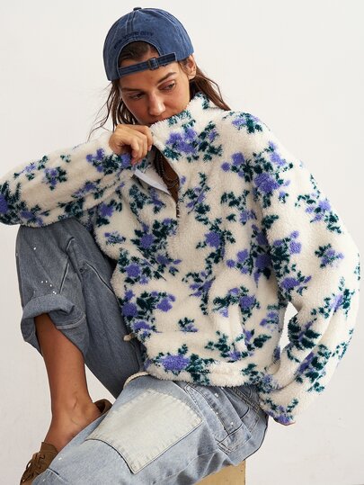 Bohemela Fall/Winter,Women's Floral Print Fuzzy Vacation Knit Drop Shoulder Long Sleeve Half-Zip Pocket Loose Fleece Sweatshirt,Concert Party Outfit,Daily Wear