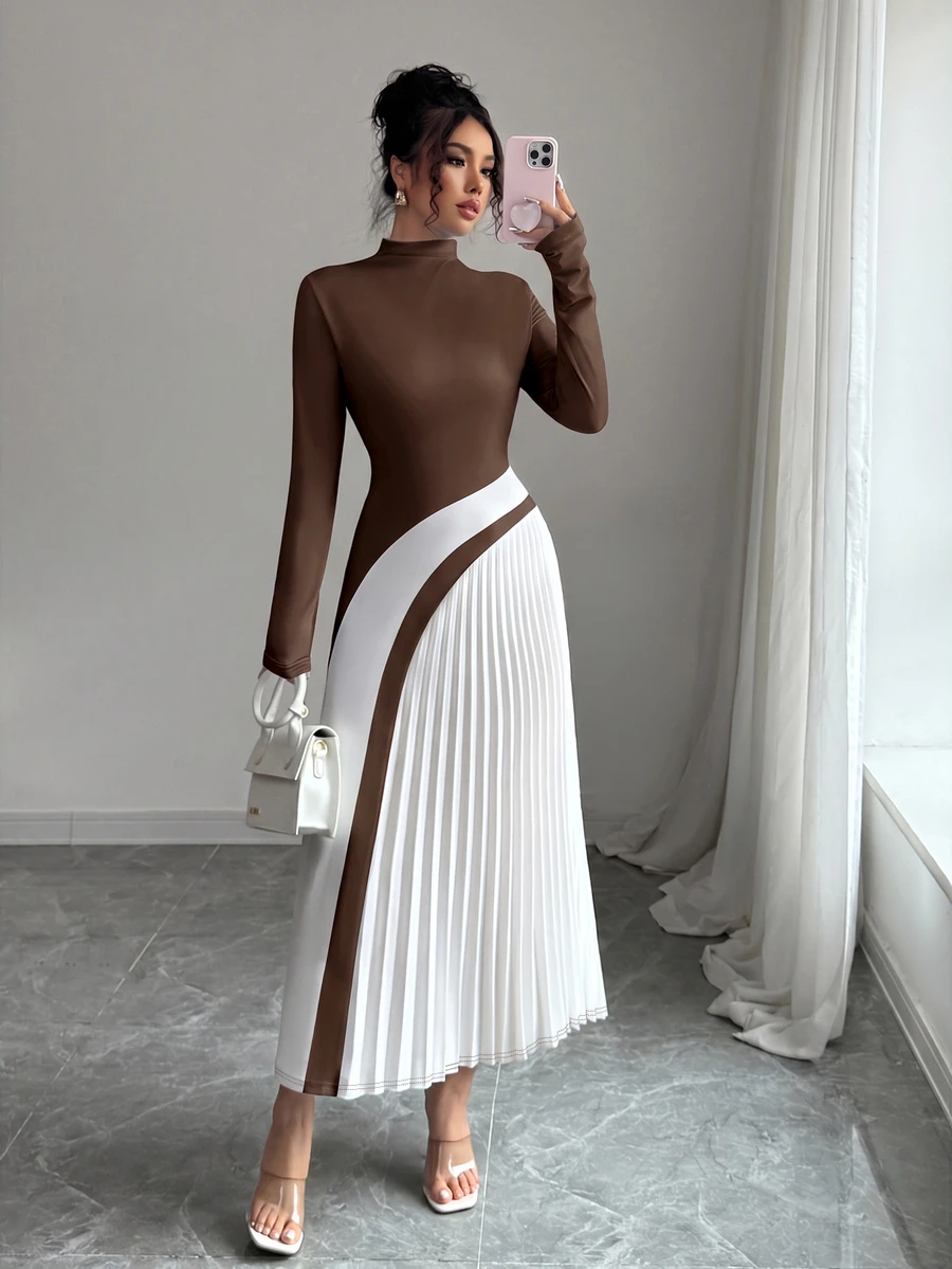 Elenzga Color Block Ruched Sexy Women Dress Fall Cloth For Women - Multicolor - View 1