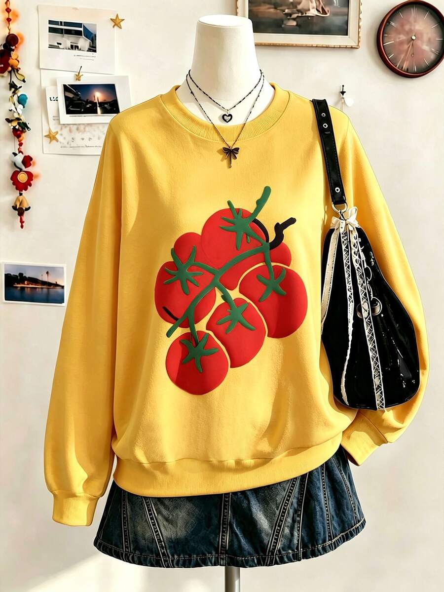 Collagica Collagica Women's Tomato Print Crew Neck Casual Daily Wear Sweatshirt - Yellow - View 1