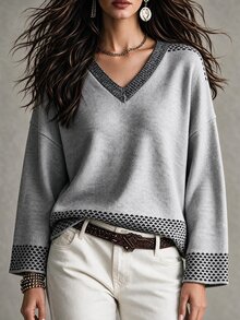 SHEIN Vintage Leopard Print Patchwork V-Neck Sweater Women Loose Drop Shoulder Slouchy Contrast Color Long Sleeve Knit Pullover Top - Grey - View 7