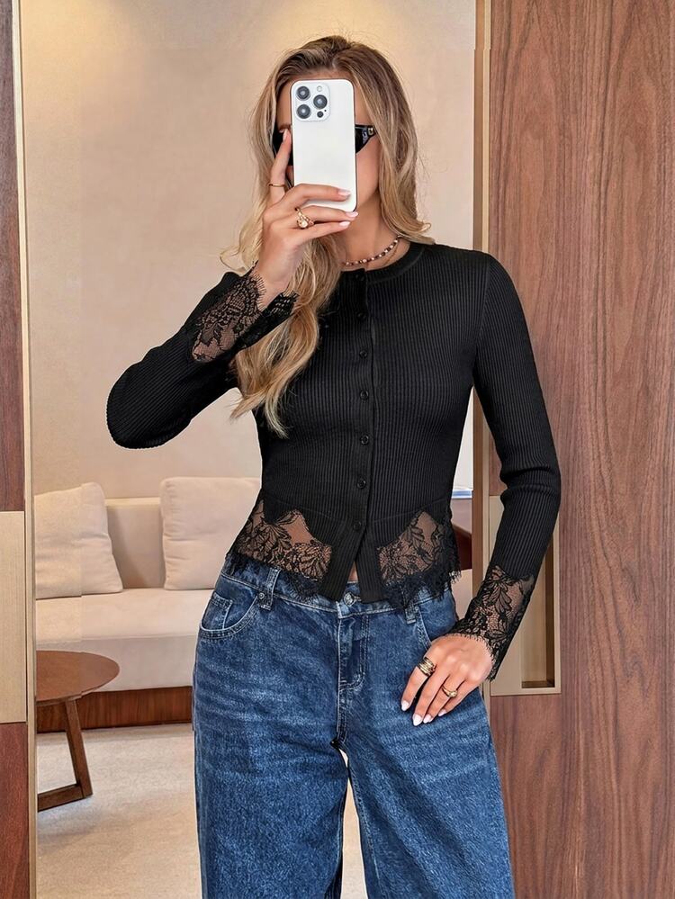 Serisse Women's Solid Color Lace Patchwork Front Button T-Shirt Brunch Black Autumn Elegant Sexy Romantic Everyday Going Out - Black - View 5