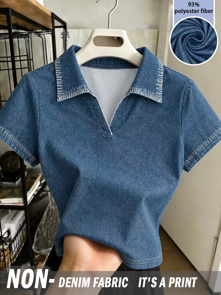 Resyla Women's Tops / Denim-Style Fashion T-Shirt / Vintage T-Shirt / Casual Multi-Purpose Women's Polo Short Sleeve Top / Fashion Item / Gift For Her / Holiday Gift / Women's Polo Short Sleeve Top 2026 Spring Summer - Multicolor - View 1