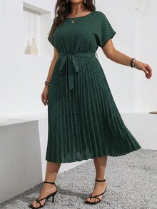 SHEIN LUNE 大尺碼女款圓領短袖滿版印花休閒商務前綁帶洋裝，深綠色優雅夏季辦公室健身房度假派對曲線款 - 墨綠色 - 查看 6