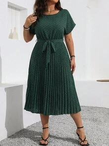 SHEIN LUNE 大尺碼女款圓領短袖滿版印花休閒商務前綁帶洋裝，深綠色優雅夏季辦公室健身房度假派對曲線款 - 墨綠色 - 查看 7