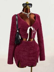 Mistrie Burgendy Plum Plush 2 Pieces Set For Women Pink Bowknot Short Cardigan + High Waist Split Hem Bodycon Mini Skirt Night Out Cute Sexy Y2K Fall/Winter - Burgundy - View 4