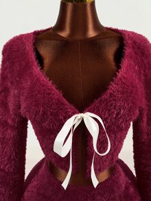 Mistrie Burgendy Plum Plush 2 Pieces Set For Women Pink Bowknot Short Cardigan + High Waist Split Hem Bodycon Mini Skirt Night Out Cute Sexy Y2K Fall/Winter - Burgundy - View 5