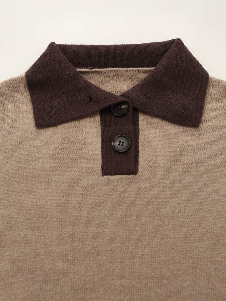 SHEIN Women's Fitted Half-Open Button Contrast Trim Pullover Long Sleeve Knit Sweater, Casual Fashion, Suitable For Daily Commute, Home And Office - Khaki - View 8
