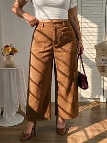 SHEIN MOD Pantalones anchos de talla grande para mujer con parches y bolsillos - Marrón - Ver 1