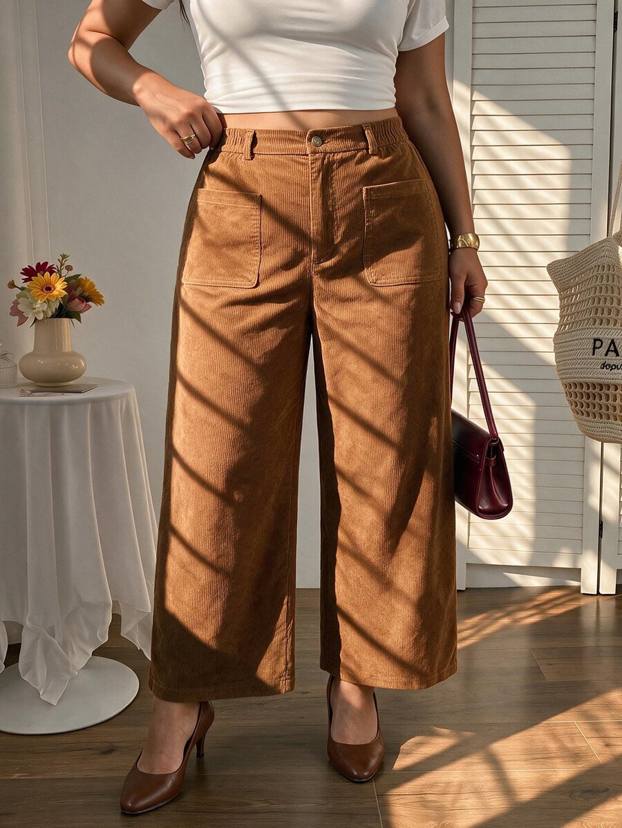 SHEIN MOD Pantalones anchos de talla grande para mujer con parches y bolsillos - Marrón - Ver 1