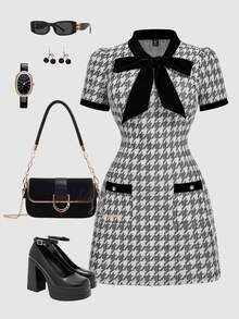 SHEIN MOD 大码女式复古格子扭结领紧身连衣裙，适合返校、派对、生日、通勤，带蝴蝶结装饰，婚礼宾客礼服女式学院风连衣裙千鸟格连衣裙粗花呢连衣裙女式办公室连衣裙，秋装，秋季服装，优雅，别致 - 黑與白 - 查看 2
