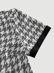 SHEIN MOD 大码女式复古格子扭结领紧身连衣裙，适合返校、派对、生日、通勤，带蝴蝶结装饰，婚礼宾客礼服女式学院风连衣裙千鸟格连衣裙粗花呢连衣裙女式办公室连衣裙，秋装，秋季服装，优雅，别致 - 黑與白 - 查看 6