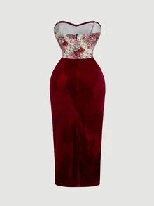 SHEIN MOD 大尺碼女款 1920 年代復古星空優雅花卉拼接束腰抹胸長洋裝 酒紅色 夏季緞面派對晚禮服 聖誕 - 彩色 - 查看 3