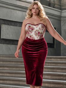 SHEIN MOD 大尺碼女款 1920 年代復古星空優雅花卉拼接束腰抹胸長洋裝 酒紅色 夏季緞面派對晚禮服 聖誕 - 彩色 - 查看 6