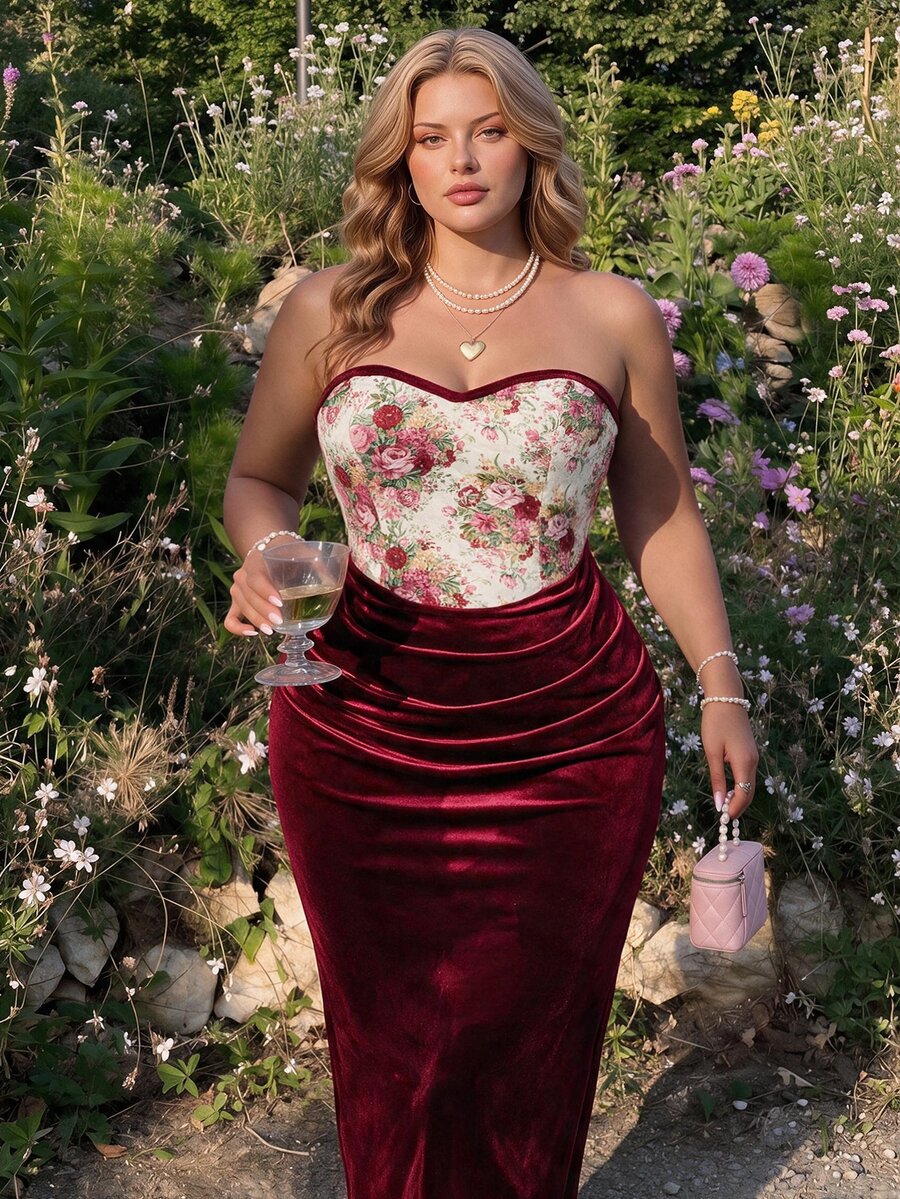 SHEIN MOD 大尺碼女款 1920 年代復古星空優雅花卉拼接束腰抹胸長洋裝 酒紅色 夏季緞面派對晚禮服 聖誕 - 彩色 - 查看 1