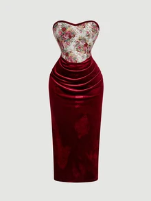 SHEIN MOD 大尺碼女款 1920 年代復古星空優雅花卉拼接束腰抹胸長洋裝 酒紅色 夏季緞面派對晚禮服 聖誕 - 彩色 - 查看 8