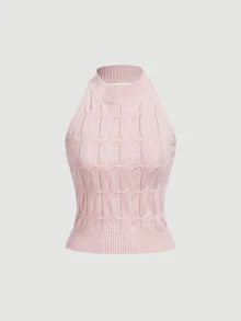 SHEIN MOD Women's Solid Color Halter Neck Top And Long Pants Casual Daily Knit Two Pieces Set - Pink - View 8