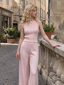 SHEIN MOD Women's Solid Color Halter Neck Top And Long Pants Casual Daily Knit Two Pieces Set - Pink - View 1