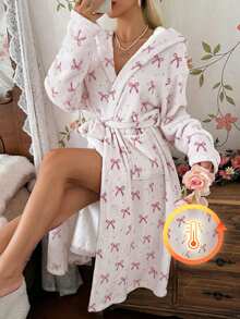 CottageSlumber Women's Autumn/Winter INS Style Cute Bow Print Plush Long Sleeve Loungewear Robe - Multicolor - View 1