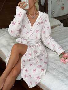 CottageSlumber Women's Autumn/Winter INS Style Cute Bow Print Plush Long Sleeve Loungewear Robe - Multicolor - View 5