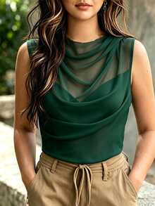 Velvienne Plus Size Women's Cowl Neck Slim Fit Flattering Versatile Contrast Lace Sexy Tank Top - Green - View 3