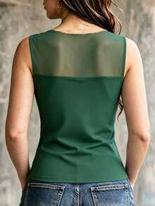 Velvienne Plus Size Women's Cowl Neck Slim Fit Flattering Versatile Contrast Lace Sexy Tank Top - Green - View 2