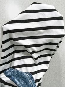 Franclia [Denim Effect] Denim Effect Patchwork Black & White Striped Summer Dress For Women, New Denim Effect Digital Print Striped Niche Design Short Sleeve Dress - Multicolor - View 6