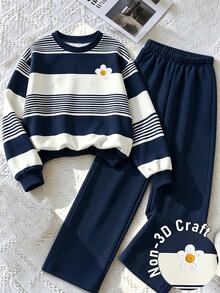 青少年條紋套頭運動衫與寬腿褲 2 件套 - 聖誕休閒度假穿搭，校園復古花卉經典條紋時尚個性化，適合春、秋、冬穿著 - 彩色 - 查看 4