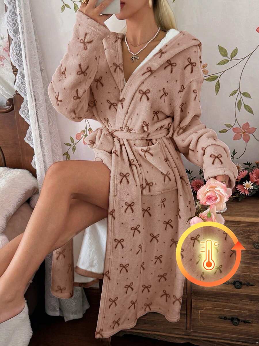 CottageSlumber Women's Autumn/Winter INS Style Cute Bow Print Plush Long Sleeve Loungewear Robe - Khaki - View 1