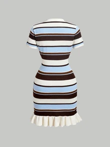 SHEIN MOD Polo Collar Striped Ruffle Hem Slim Fit Knit Dress - Multicolor - View 4